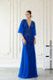 Blue V-neck evening dress with tulle cape sleeves